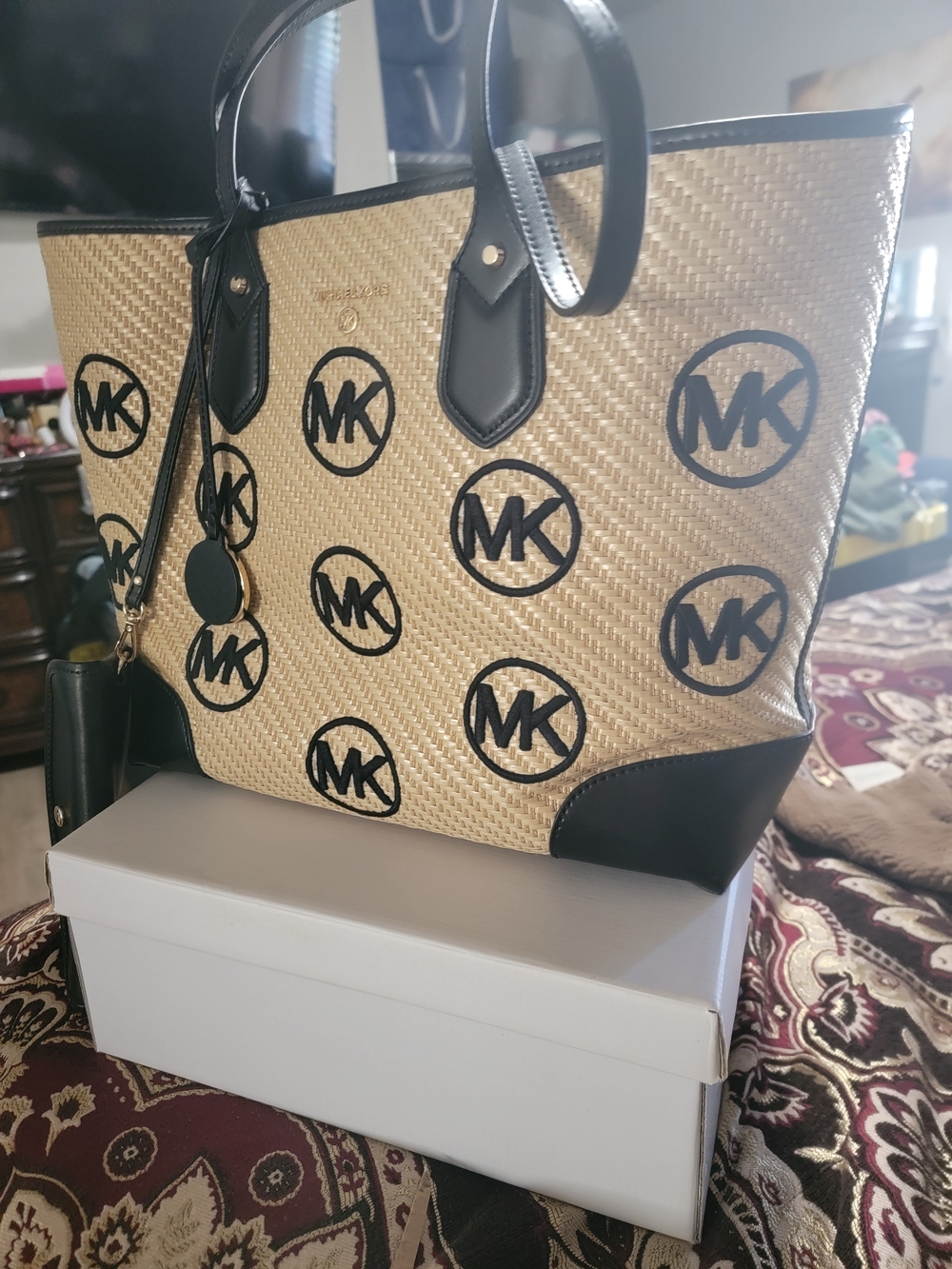 Michael Kors Natural Straw Tote with Black Trim and Detachable Pouch - Picture 3 of 4